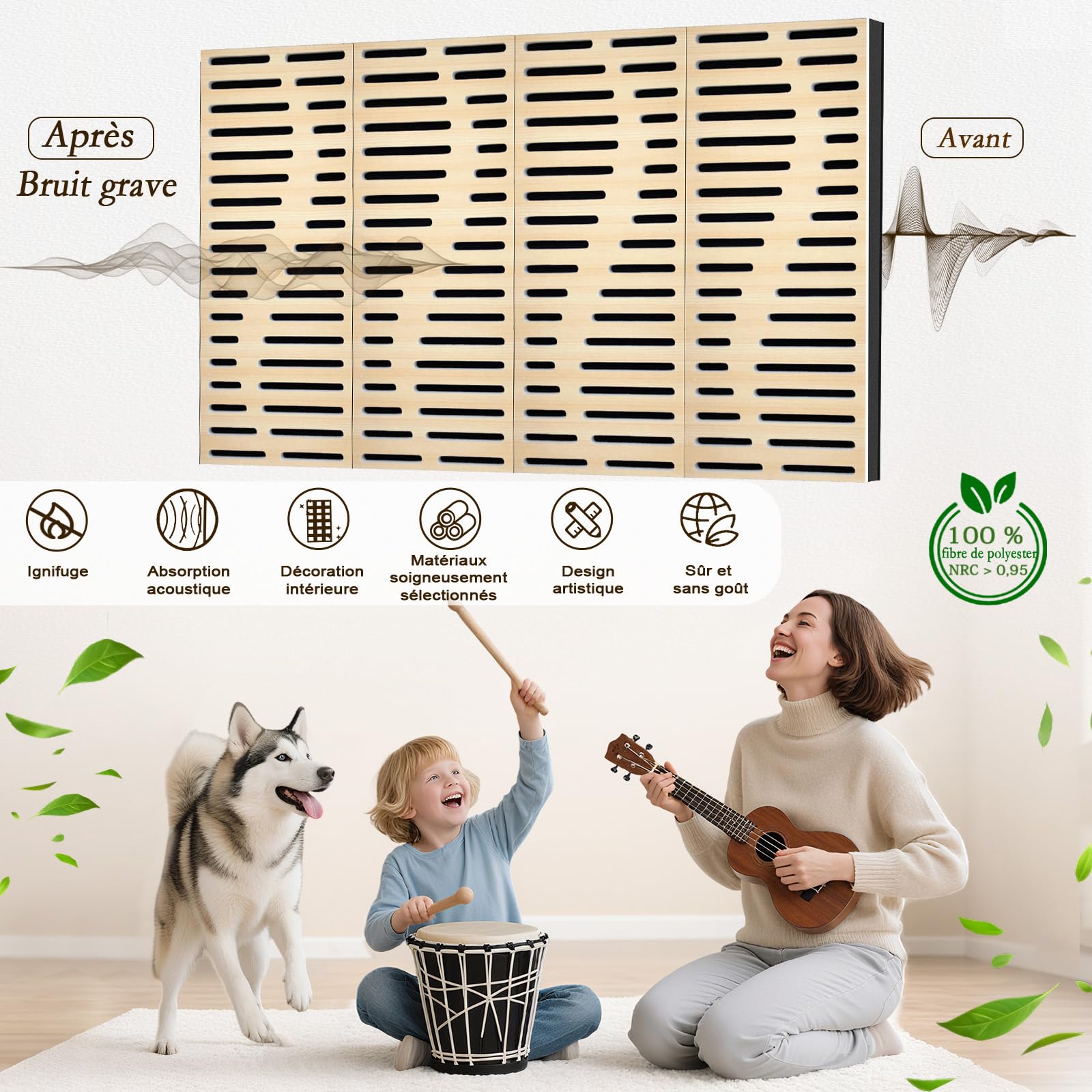 JBER Lot de 4 panneaux acoustiques en mousse - Autocollants et insonorisants pour murs - Panneaux muraux décoratifs 3D en fibre de polyester perforée à trois couches pour studio d'enregistrement
