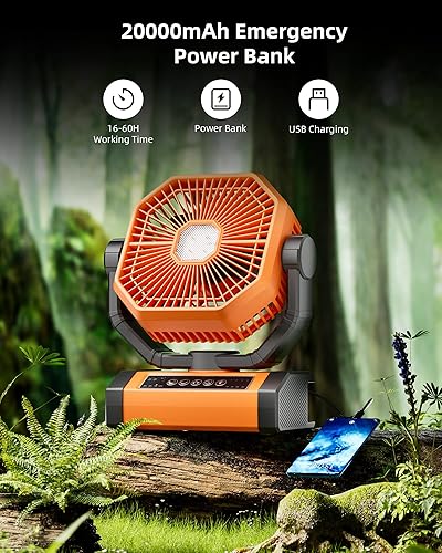 Miniatura 2 de MORIKO Ventilador de camping de 20000 mAh con linterna LED, ventilador de tienda de campaña con batería con control remoto y gancho, pivote de 270,