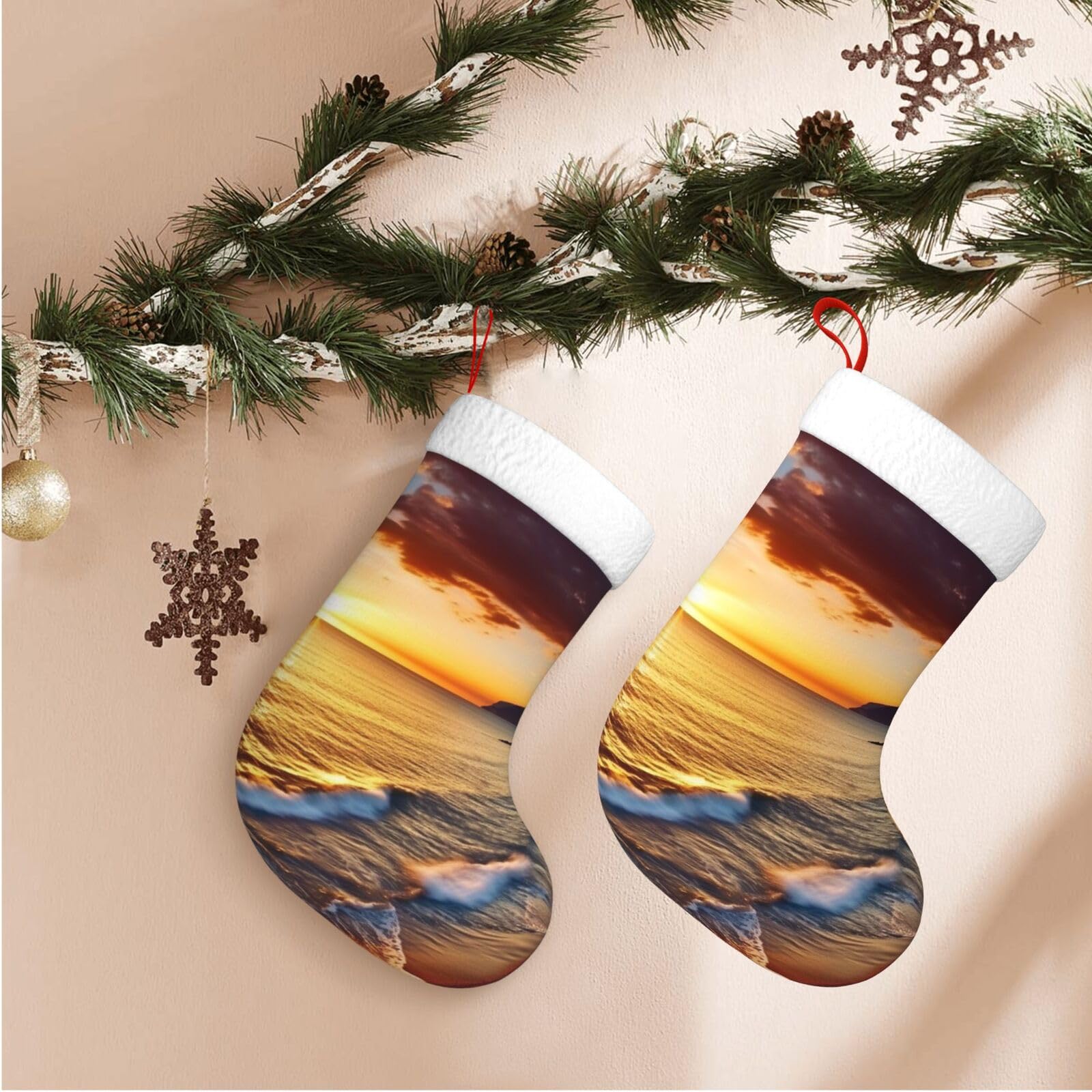 Seaside Sunset Christmas Stockings Velvet Xmas Fireplace Hanging Stocking with Plush Cuff Rustic Christmas Santa Stockings for Home Christmas Decorations Party Favor Supplies