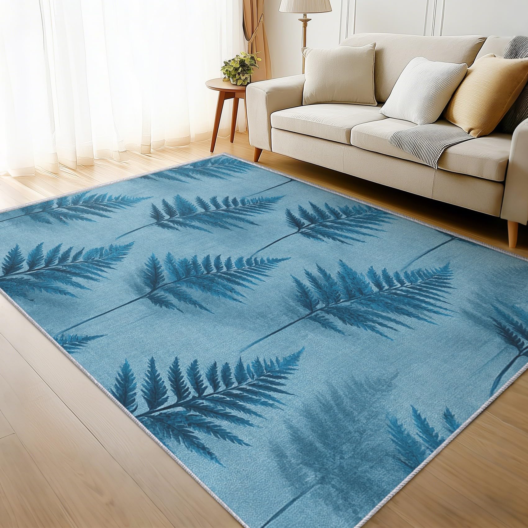 Tapis bleu 120 x 170 cm à motif feuilles botaniques moderne pour salon Générique