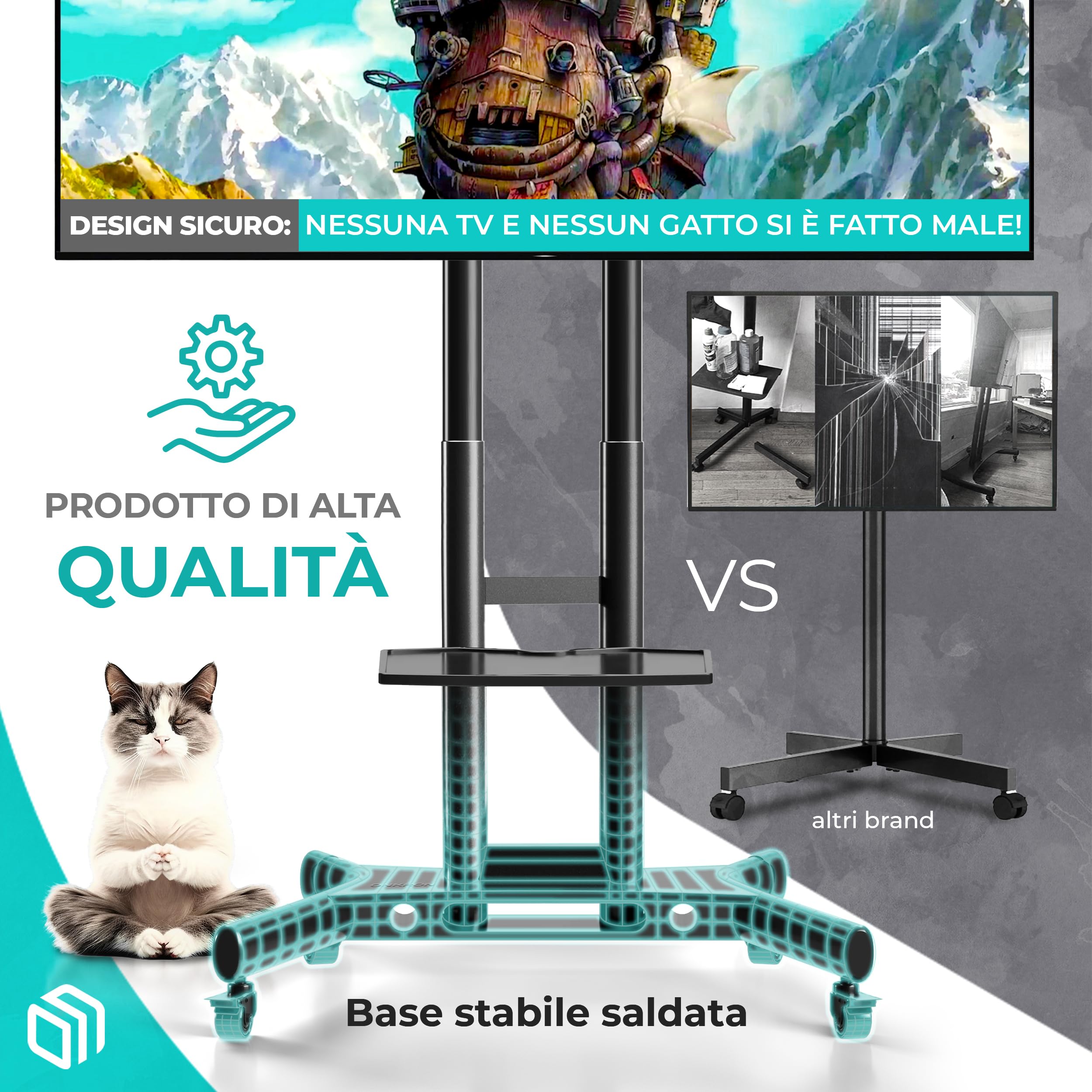 ONKRON Piedistallo TV Mobile 40 – 70 pollici - Carrello Porta TV con Peso fino a 45,5 kg - Supporto TV da Terra con Rotelle e max VESA 600x400 mm/Supporto TV da Pavimento con Ruote TS1551-B Nero