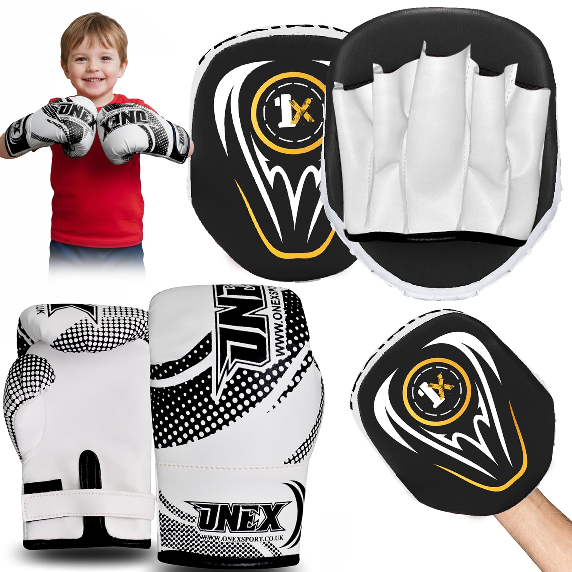Boxing Gloves & Focus Pads Set 2oz Kids Boxing Gloves & Hook and Jab Pads for Training, Kickboxing, Muay Thai, Punch Bag, Sparring, MMA, Martial Arts, Taekwondo, Home & Gym Workout Equipment (BLACK)