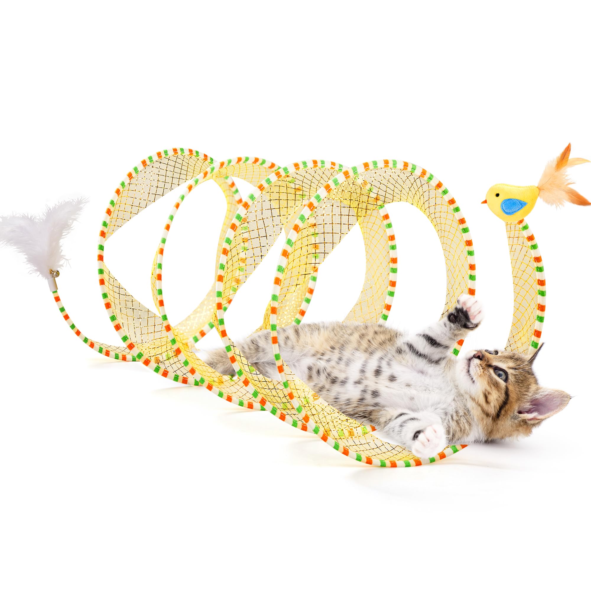 Potaroma Spiral Tunnel Cat Toy, Self Play Cat Play Spiral Kitten Collapsible Spring Tunnel Toy for Indoor Cats with Feather and Bell, 20 Inches Unfolded