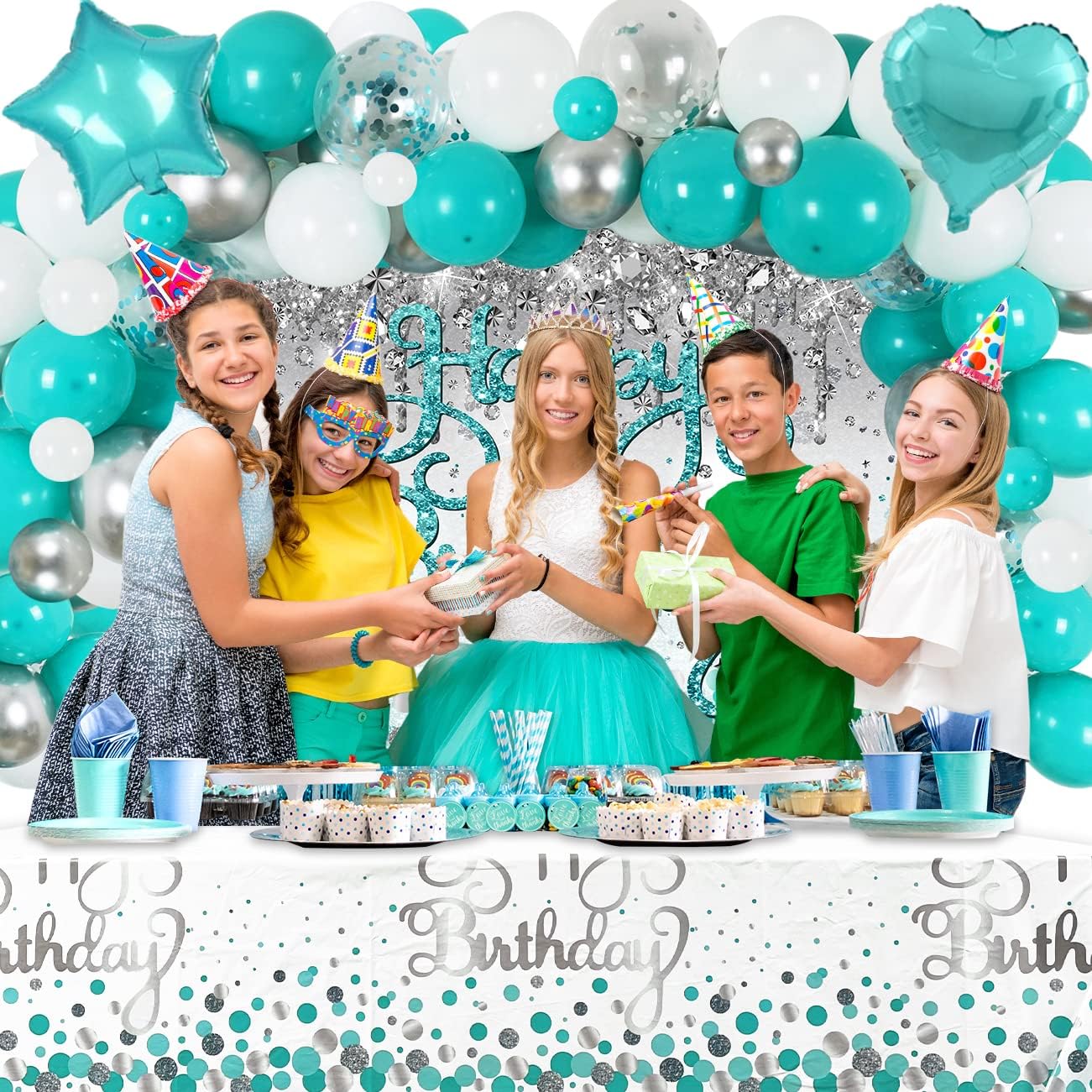 Happy Birthday Decorations - Teal & Silver Glitter Backdrop, Blue Balloons & Dot Tablecloth Kit - Image 5