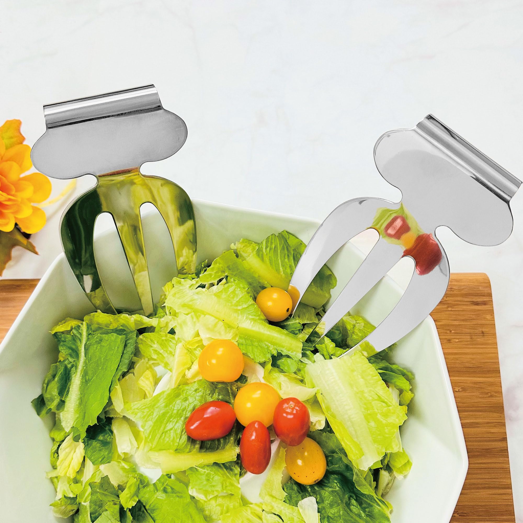 Supreme Housewares Juego de 2 servidores de ensalada de mano de acero inoxidable, prácticas asas de gancho para cuenco para un fácil almacenamiento, manos de ensalada para lanzar y servir ensalada