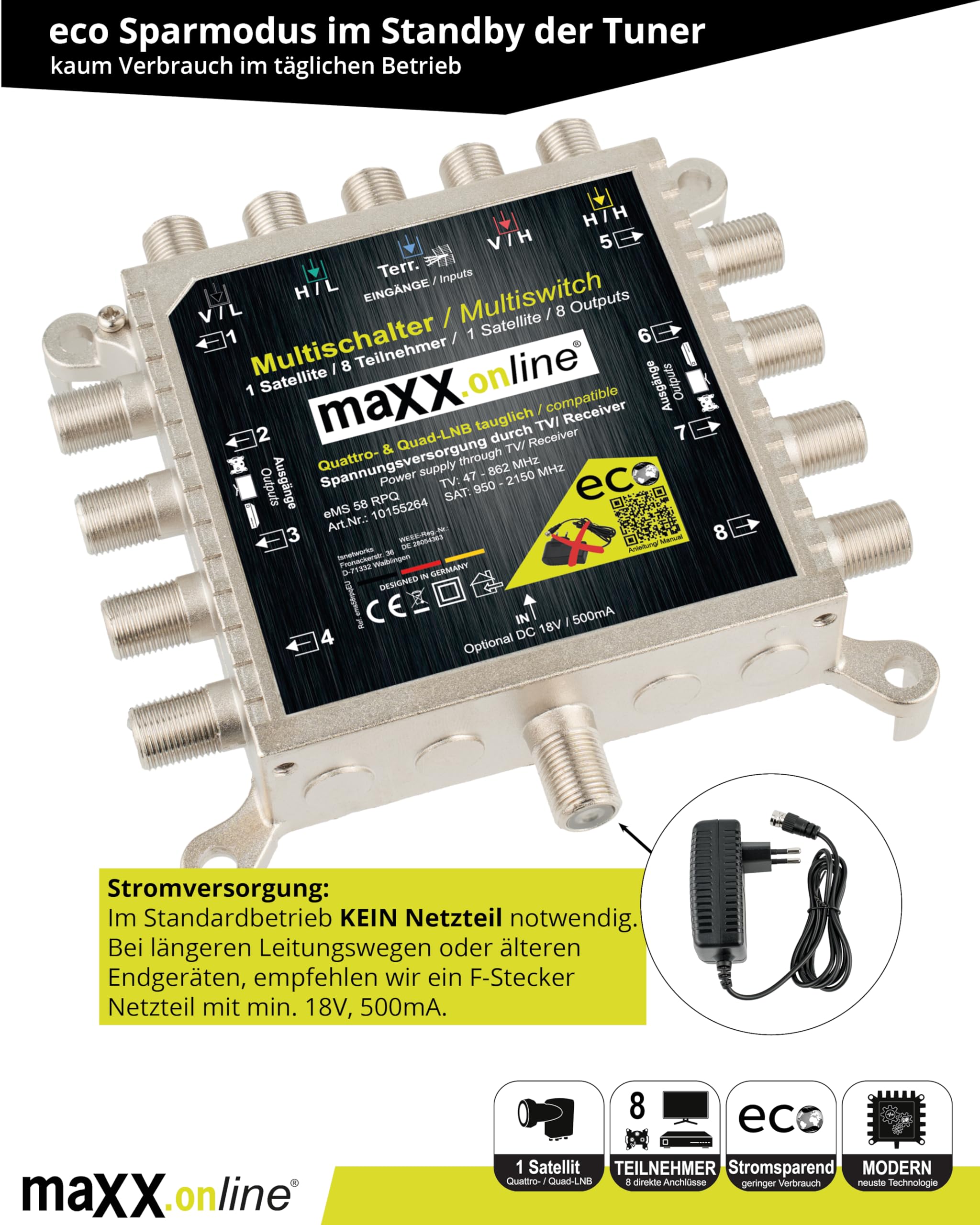 Multiconmutador 8 participantes, 1 satélite, apto para Quad y Quattro LNB, no necesita fuente de alimentación, multiconmutador satélite, multiconmutador múltiple