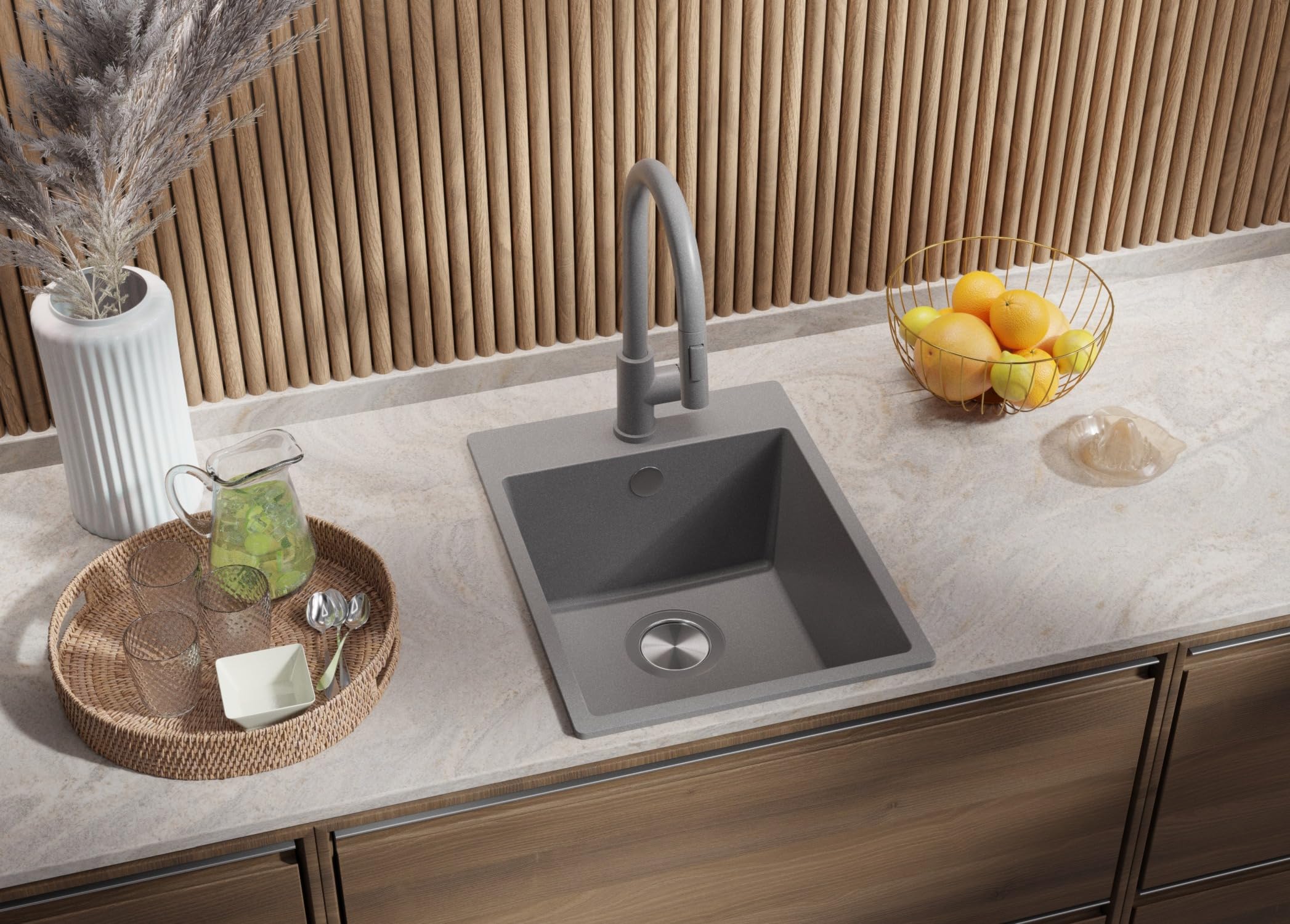 PRIMAGRAN Lavello In Granito Nero 48x50cm Con Rubinetto E Accessori – Riga S151
