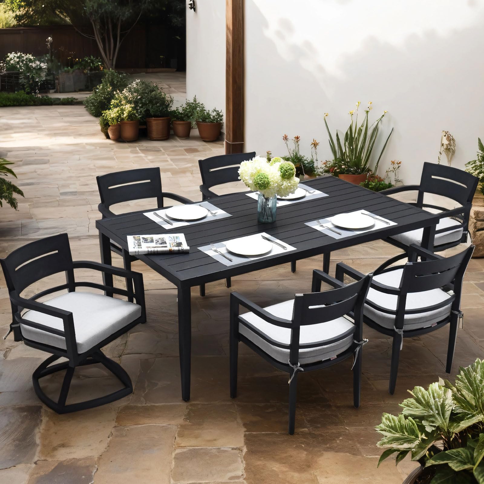 Patio Dining Set Aluminum Outdoor Dining Bistro Sets for Rectangular Table with Umbrella Hole, Swivel Chairs and Dining Chairs with Thicker Cushion