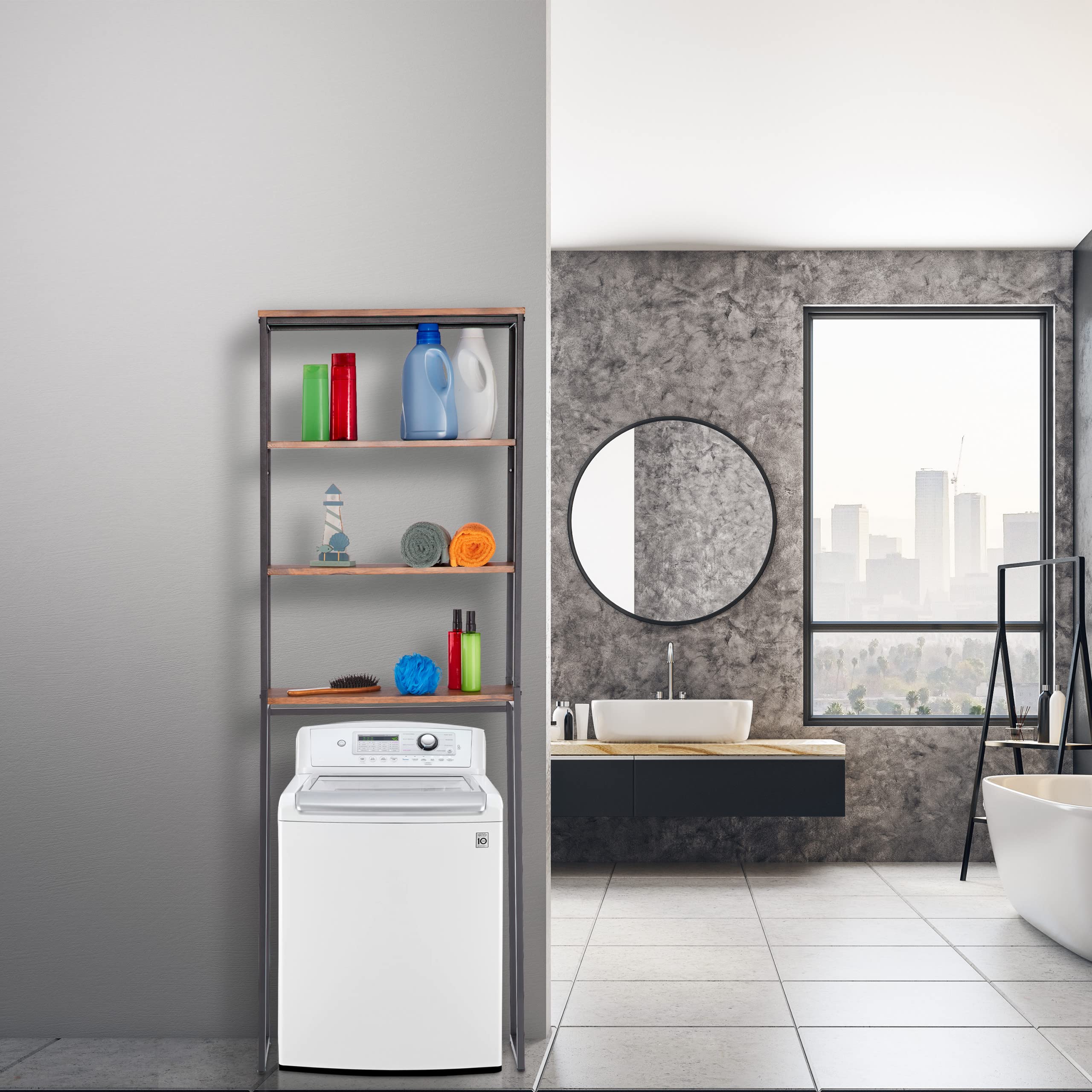 Mobile Per Lavatrice In Bambù - 2 Ripiani, 175x66x30cm, Salvaspazio Bagno - Foto 6