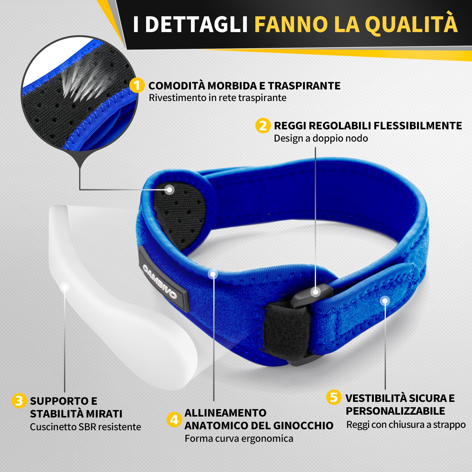 Tutore Ginocchio 2 pezzi, OFUN Regolabile Ginocchiere Supporto Compressione con 4 stabilizzatori laterali e cuscinetti in gel per la rotula, per Corsa, Pallavolo, Calcio,Sollevamento, per Uomo e Donne