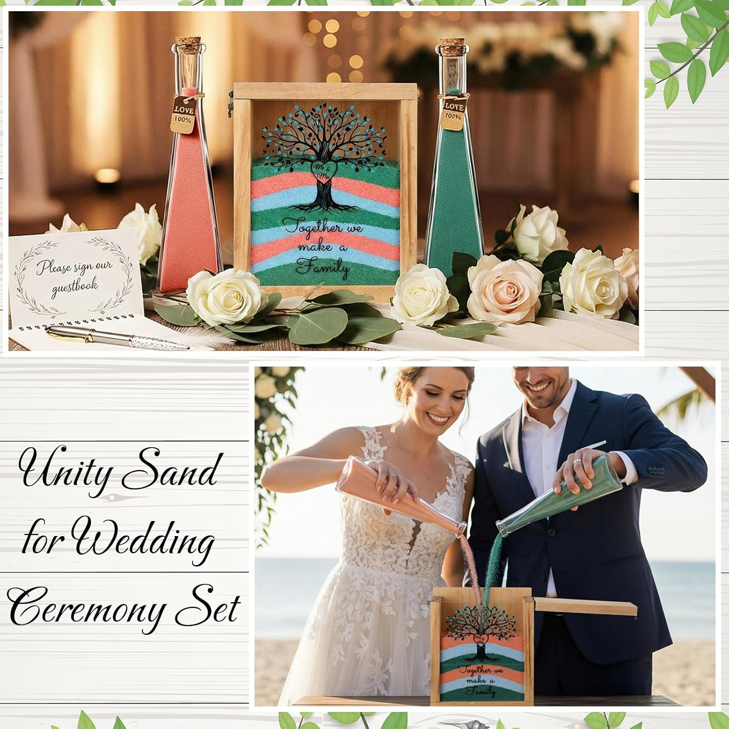 Blosssound Unity Sand for Wedding Ceremony Set Christian Unity Sand Ceremony Shadow Box and Vases for Religious Wedding Centerpiece Marriage Bridal Party Supplies (Blue Pink,Love Tree)