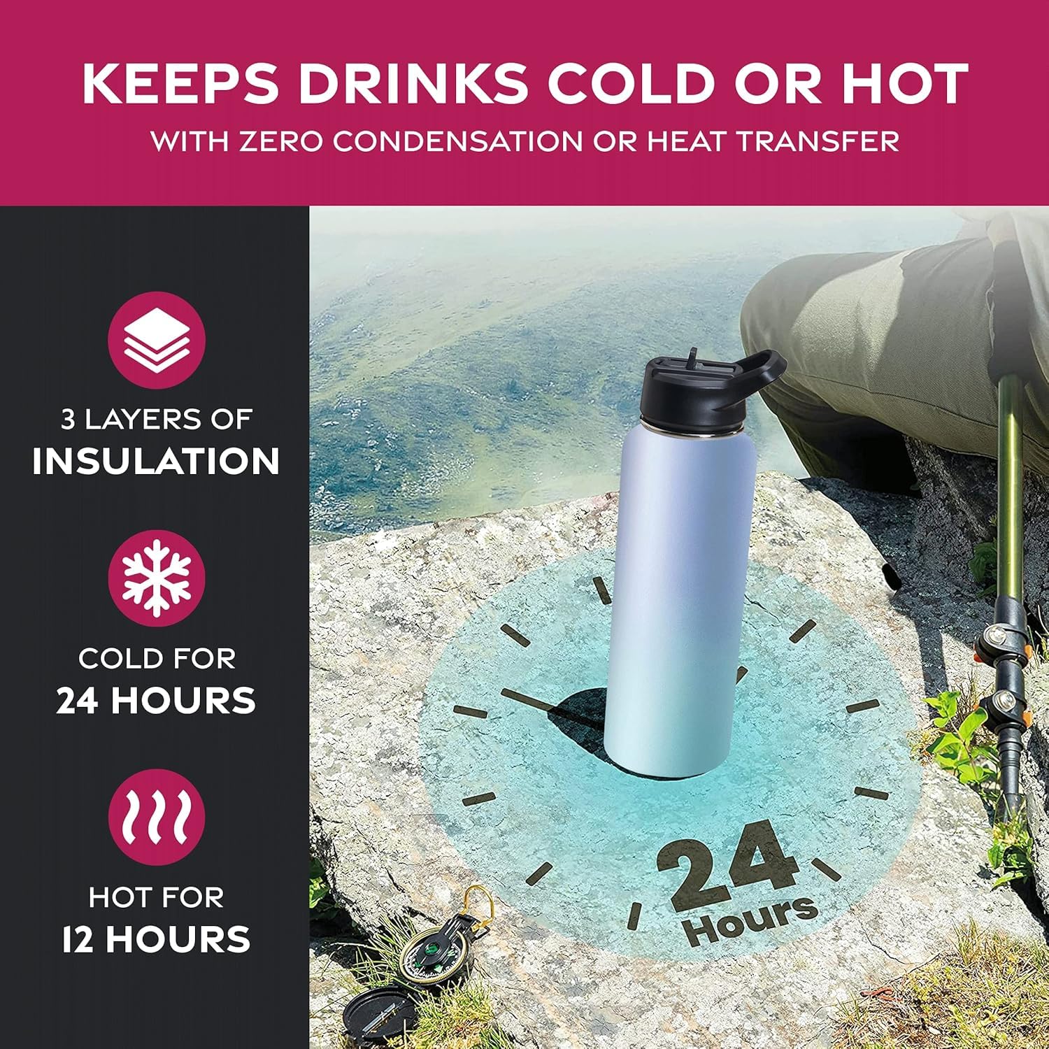 GARUET 1180ml Triple Walled, Insulated Water Bottles with Straw, Stainless Steel Metal Bottle W/ 3 Leak Proof Lids - Image 3