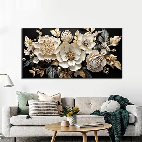 Miniatura 4 de Arte de pared grande de flores doradas y negras para dormitorio, imagen botánica, obra de arte moderna para sala de estar, oficina, habitación de