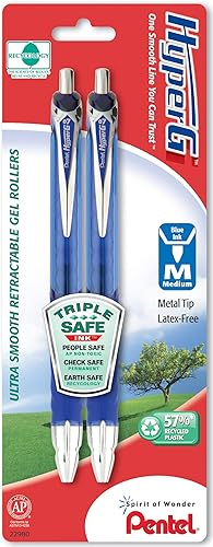 Pentel HyperG - Bolígrafo de gel retráctil, 0.028 in, tinta azul permanente, paquete de 2 (KL257BP2C)