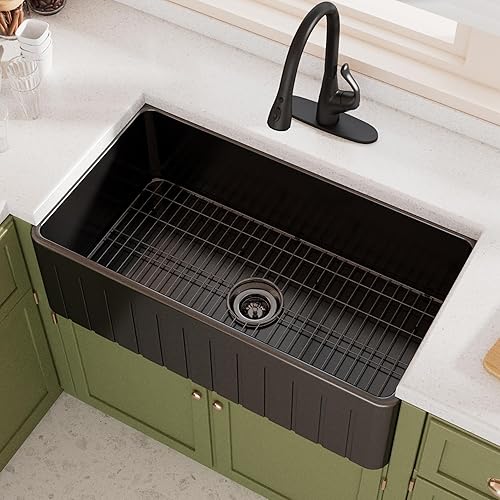 Mondawe Fregaderos de cocina de granja de 33 pulgadas, fregadero de granja blanco de arcilla refractaria, fregadero de granja frontal curvado,