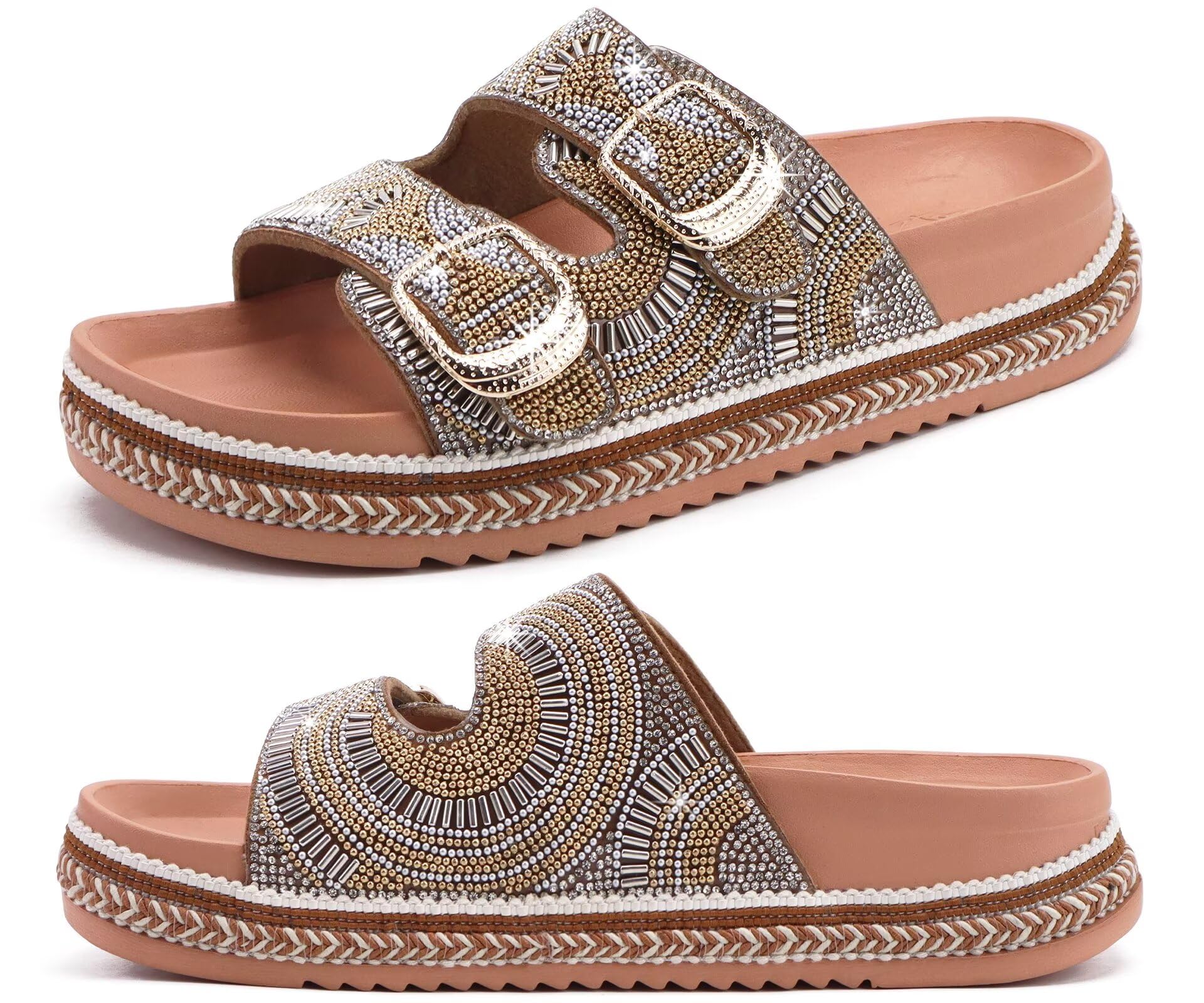 KuaiLu Womens Glitter Sandals with Arch Support Comfortable Orthopedic Cushion Recovery Slides Summer Fashion Sparkly Rhinestones Sandals Slip On