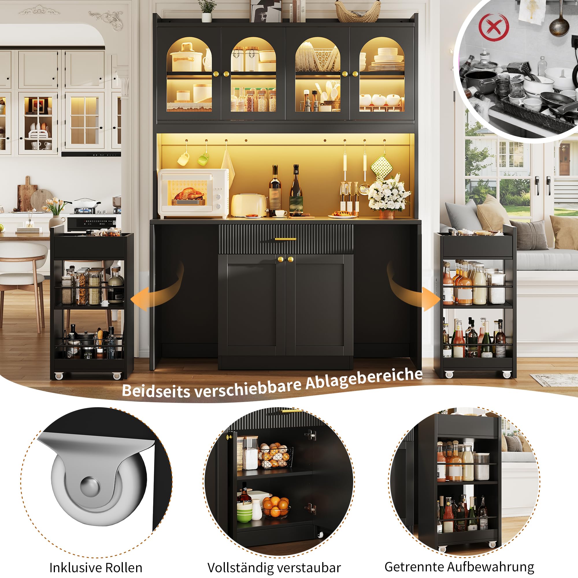 Buffet Cuisine Rangement 120 cm, Armoire de Cuisine Haute Modulable avec LED RGB et App, 3 Vitrines en Verre, Tiroirs, Étagères Coulissantes – Vaisselier Moderne pour Salon, Salle à Manger et Cuisine
