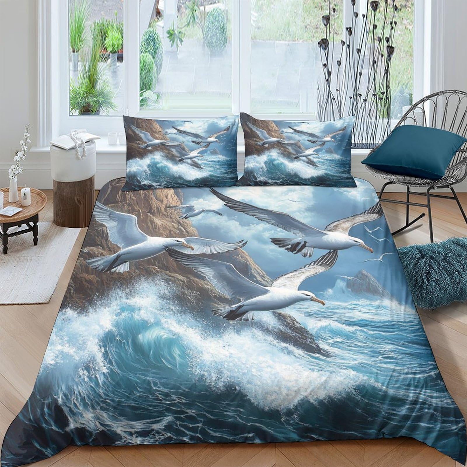 Ctjqhvkz Style-5 3D Printed Ocean Wave Fitted Sheet Microfiber Soft Seagull Mattress Cover For Bedroom Decor Dorm Guest Room Single（135X200cm）
