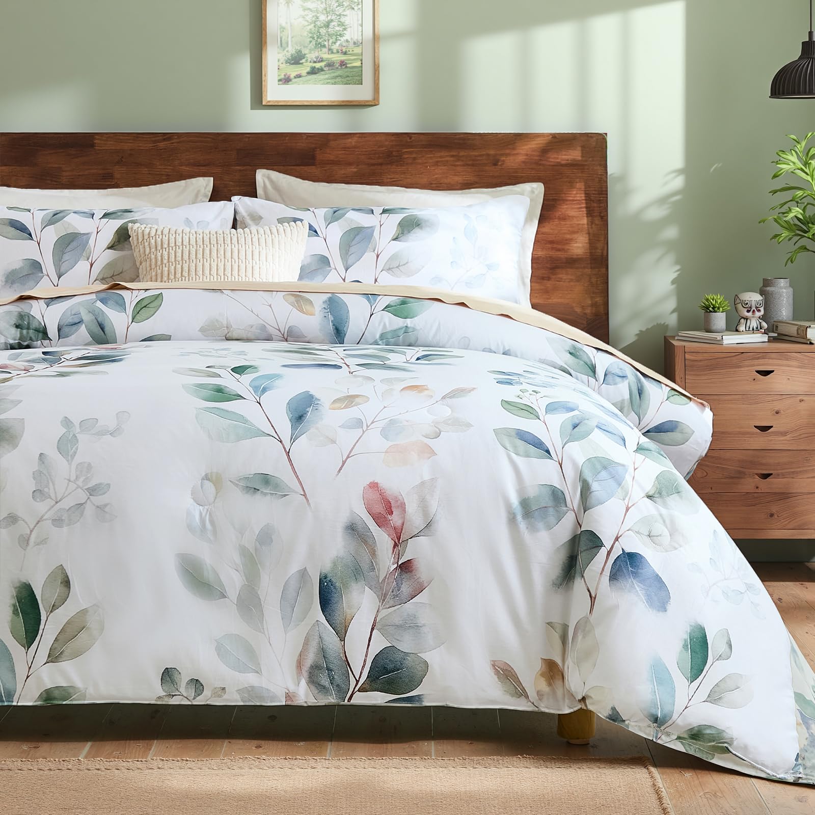 View 1 of 100% Cotton Comforter Queen Green Botanical Bedding Set Sage Green Leaf Floral Cottagecore Country Theme Super Soft Breathable Cotton Bed Comforter Set