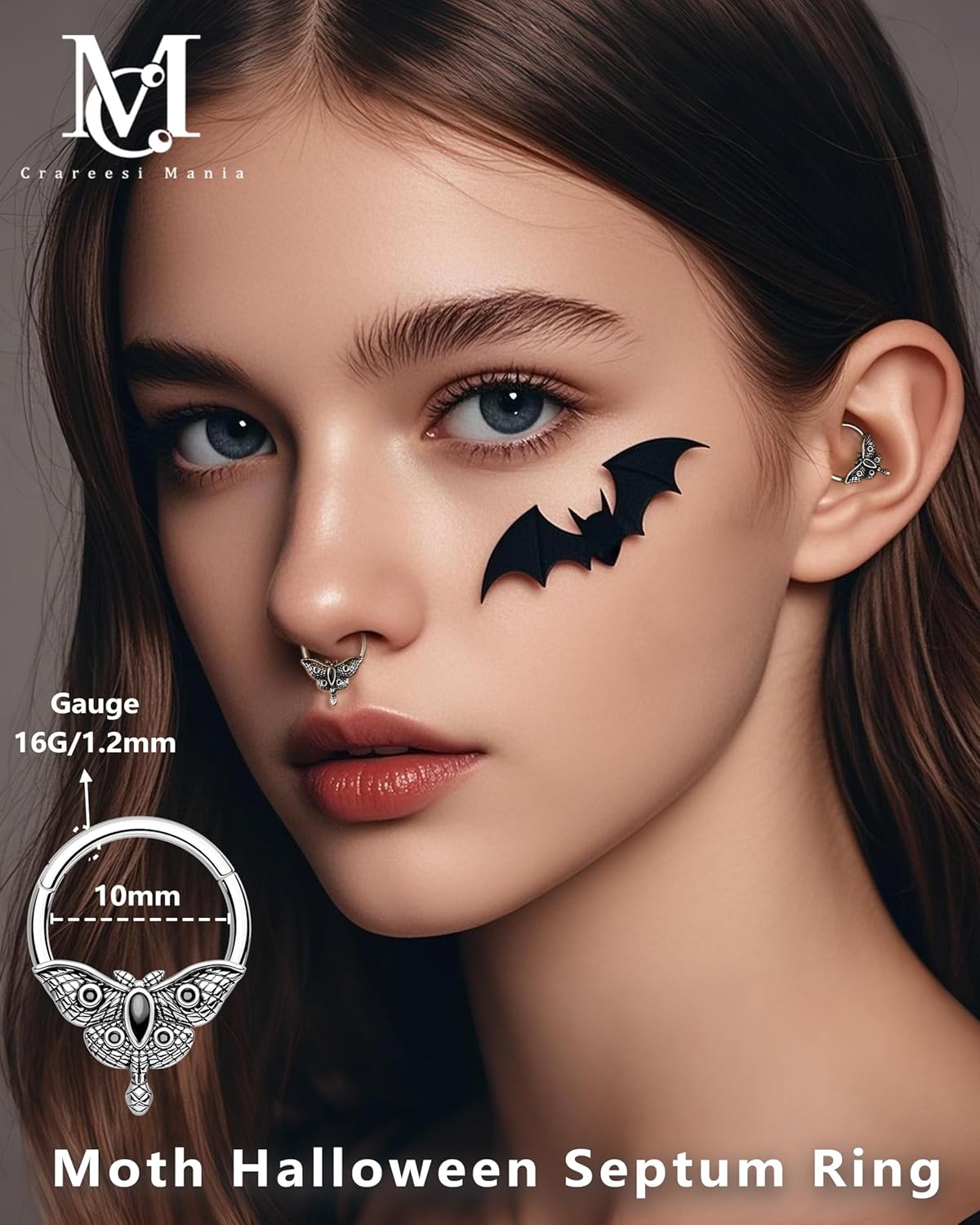 CM Crareesi Mania Moth Septum Ring 16G Mystical Septum Piercing Jewelry 316L Surgical Steel Daith Earrings Gothic Septum Segment Rings Halloween for Women Men - Image 2