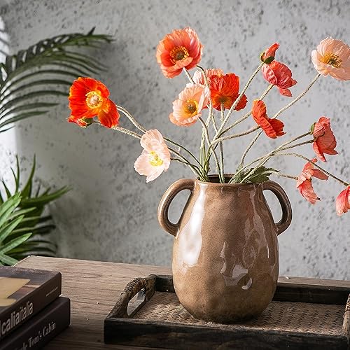 Miniatura 10 de Kimdio Jarrón de cerámica azul con 2 asas, moderno jarrón de granja para decoración del hogar, jarrón de cerámica rústica, florero decorativo de