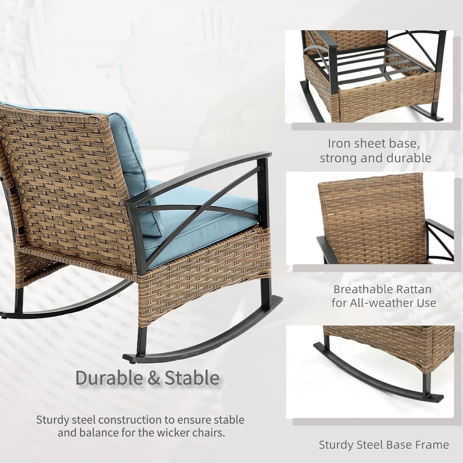 3pcs Patio Rocking Rattan Set, Outdoor Bistro Conversation Furniture with High Premium Cushions, 2 Rocker Chairs and Metal Two-Tier Side Table, for Porch & Backyard, Light Blue