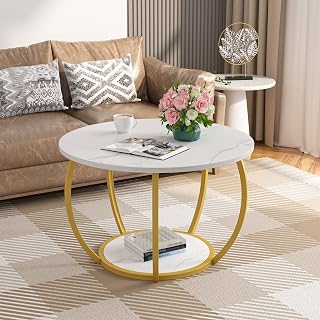 GreenForest Round Coffee Table with 2-Tier Open Storage, 27.6 inch Small Circle Coffee Tables with Adjustable Feet, Modern Mini Center Table for Small Living Room, White and Gold