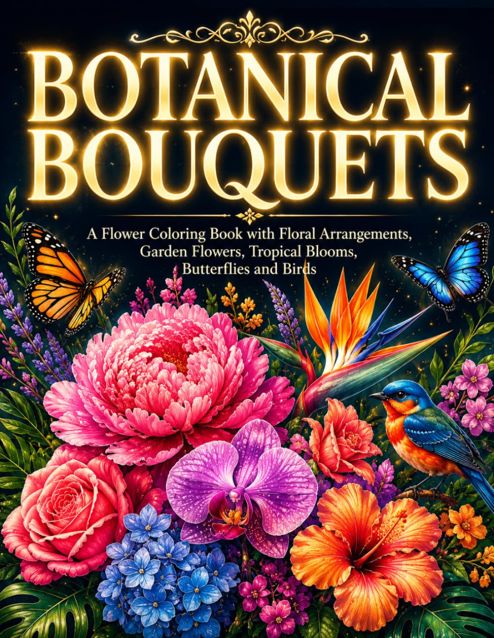 Botanical Bouquets: A Flower Coloring Book with Floral Arrangements, Garden Flowers, Tropical Blooms, Butterflies and Birds