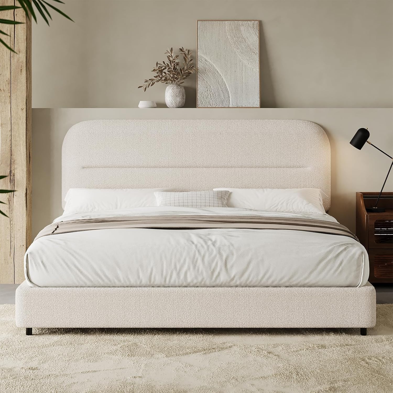HOMBCK Queen Bed Frame with Headboard, Boucle Upholstered Soft Platform Bed Frame with Thickened Footboard, Rounded Corners Design, No Box Spring Required, Easy Assembly, Cream