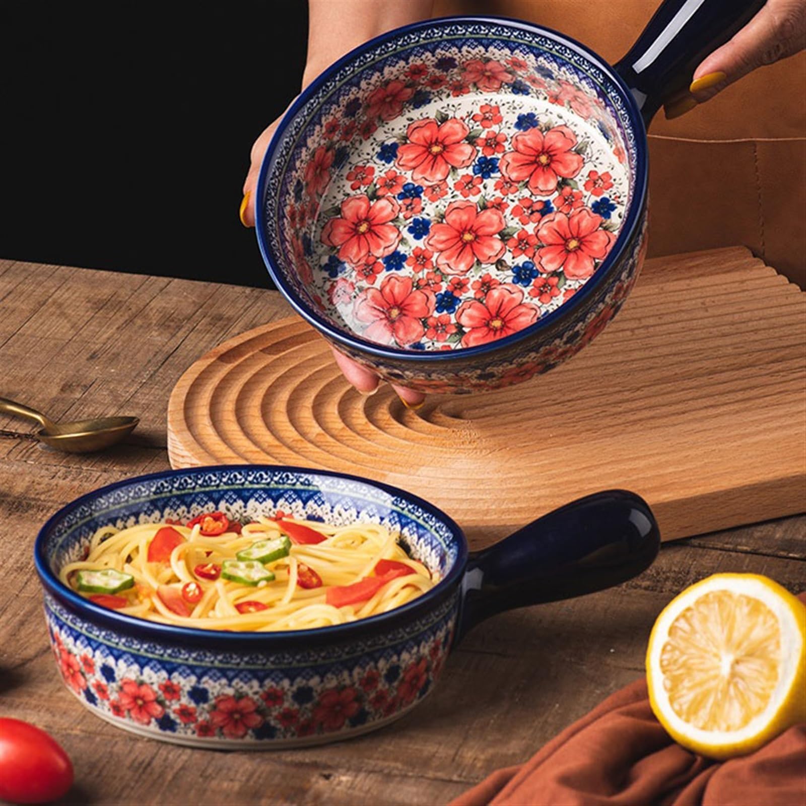 Forma do lasagne miska z większym i głębszym uchwytem, naczynia ceramiczne w stylu vintage, miska do sałaty do domu, odporne na wysokie temperatury naczynie do zapiekanek, możliwość układania w stos