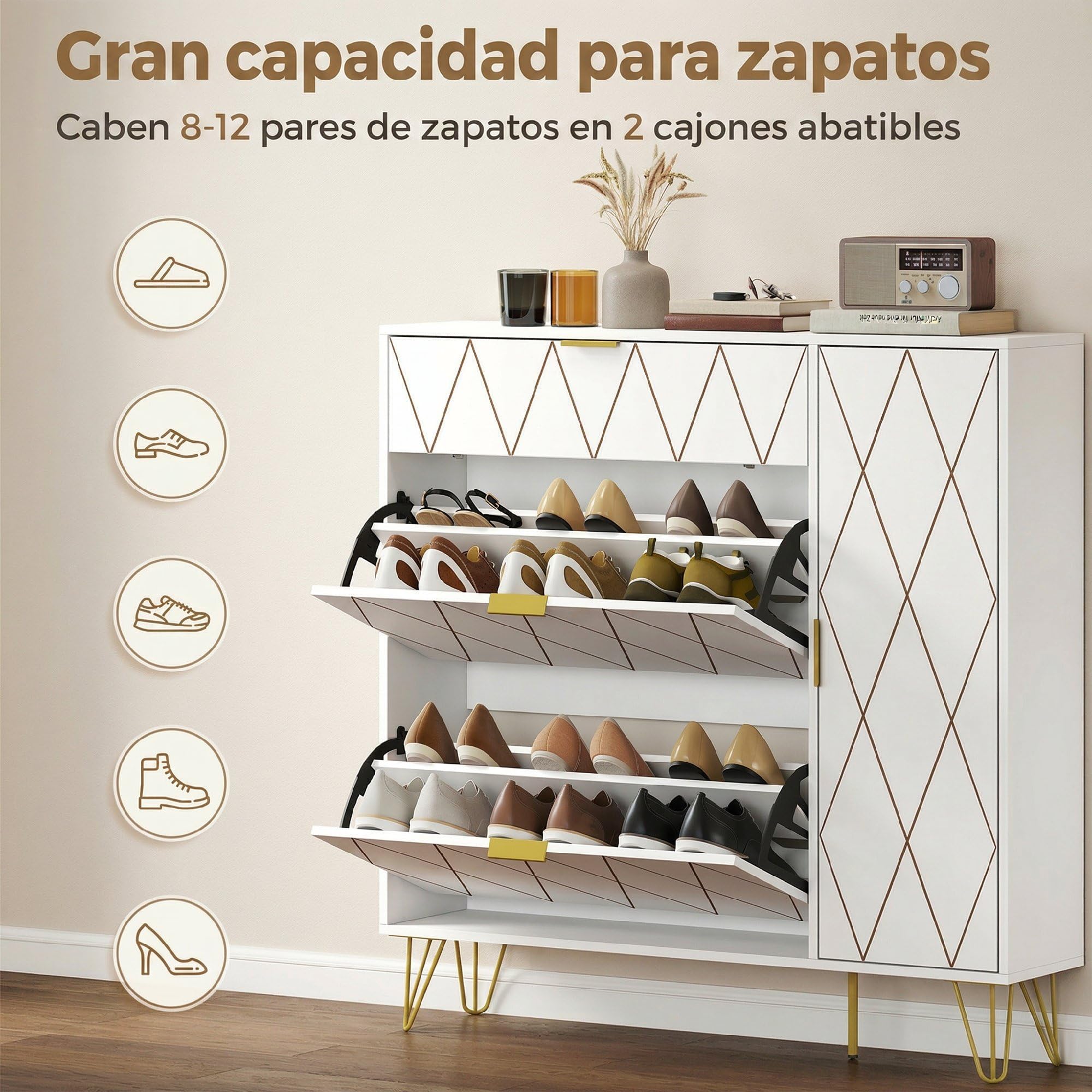 HOMCOM Zapatero Estrecho con 2 Cajones Abatibles 110x25x110,6 cm Blanco | Mueble Zapatero Moderno con Armario y Estantes Ajustables, 10-14 Pares de Zapatos, para Pasillo, Entrada, Recibidor