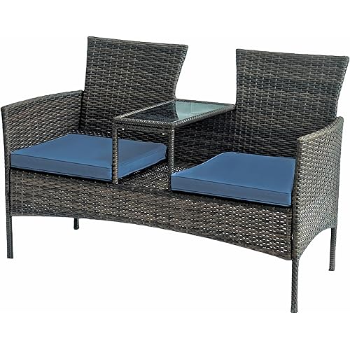 Outdoor Patio Loveseat Set with Coffee & Cushions, 2-Seat Wicker for Rattan, Garden, Lawn Weather Resistant (Light Brown)