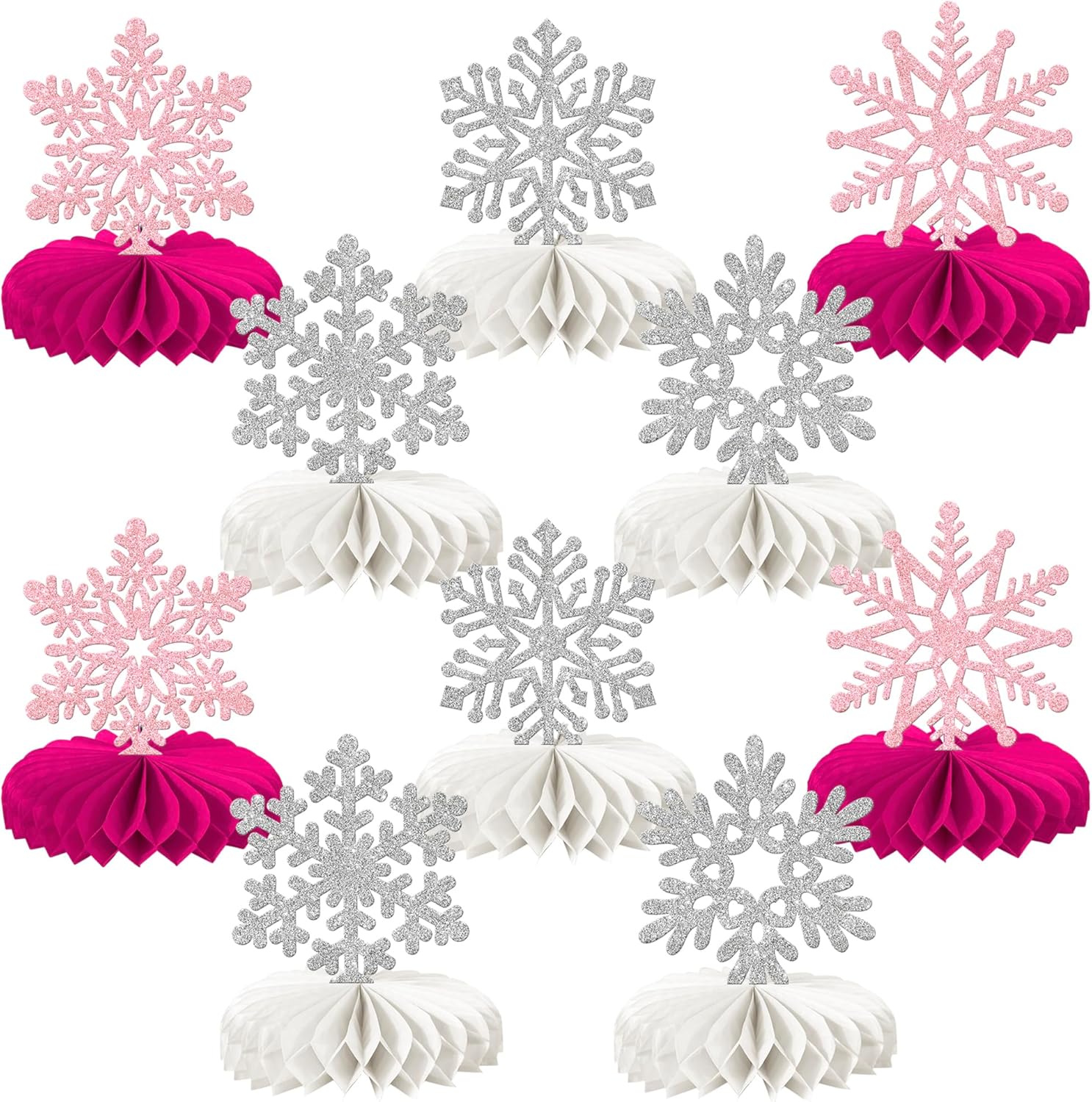 Rsstarxi 10 Pieces Frozen Winter Wonderland Party Decorations Glitter Silver Pink Snowflake Honeycomb Centerpieces for Winter Holiday Baby Shower Kids Birthday Christmas Party Cake Decorations