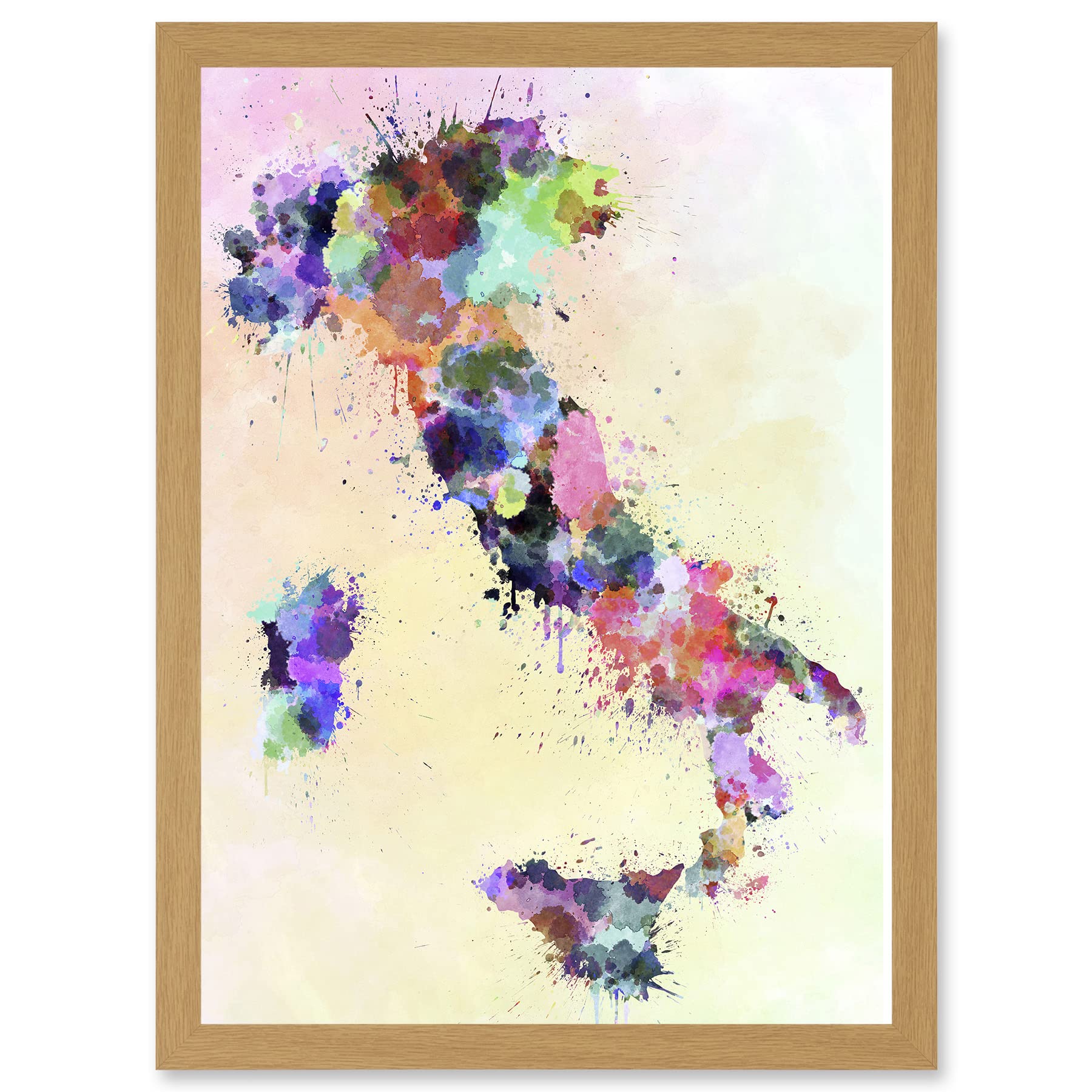 Artery8 Map Painting Italy Sardinia Sicily Paint Splash Colour A4 Artwork Framed Wall Art Print
