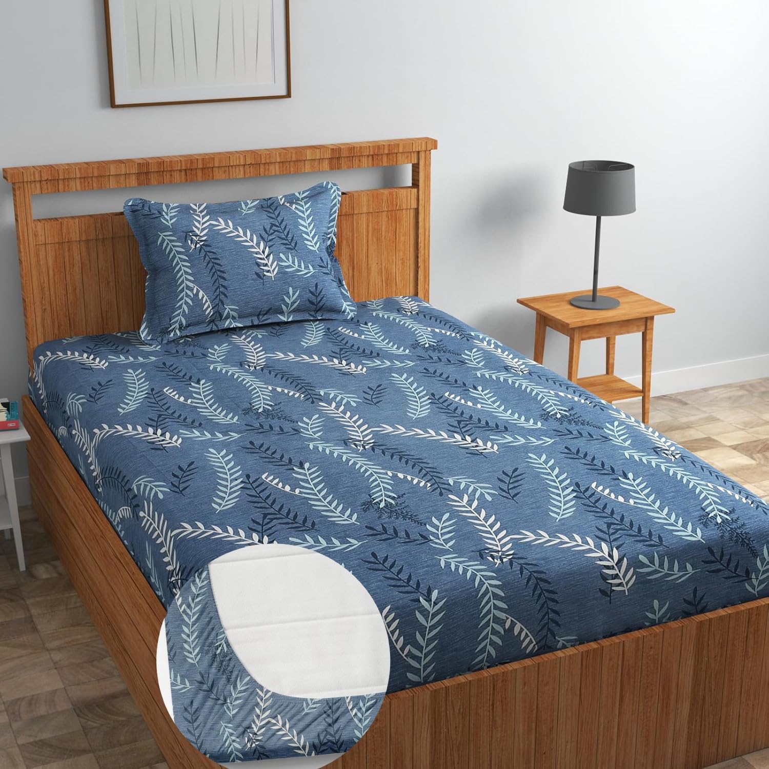Blue Strip 220TC Glace Cotton Super Soft Elastic Fitted Bedsheet Single Bed with 1 Pillow Cover | Grey Leaf, Single-36x72 Inches-image-47