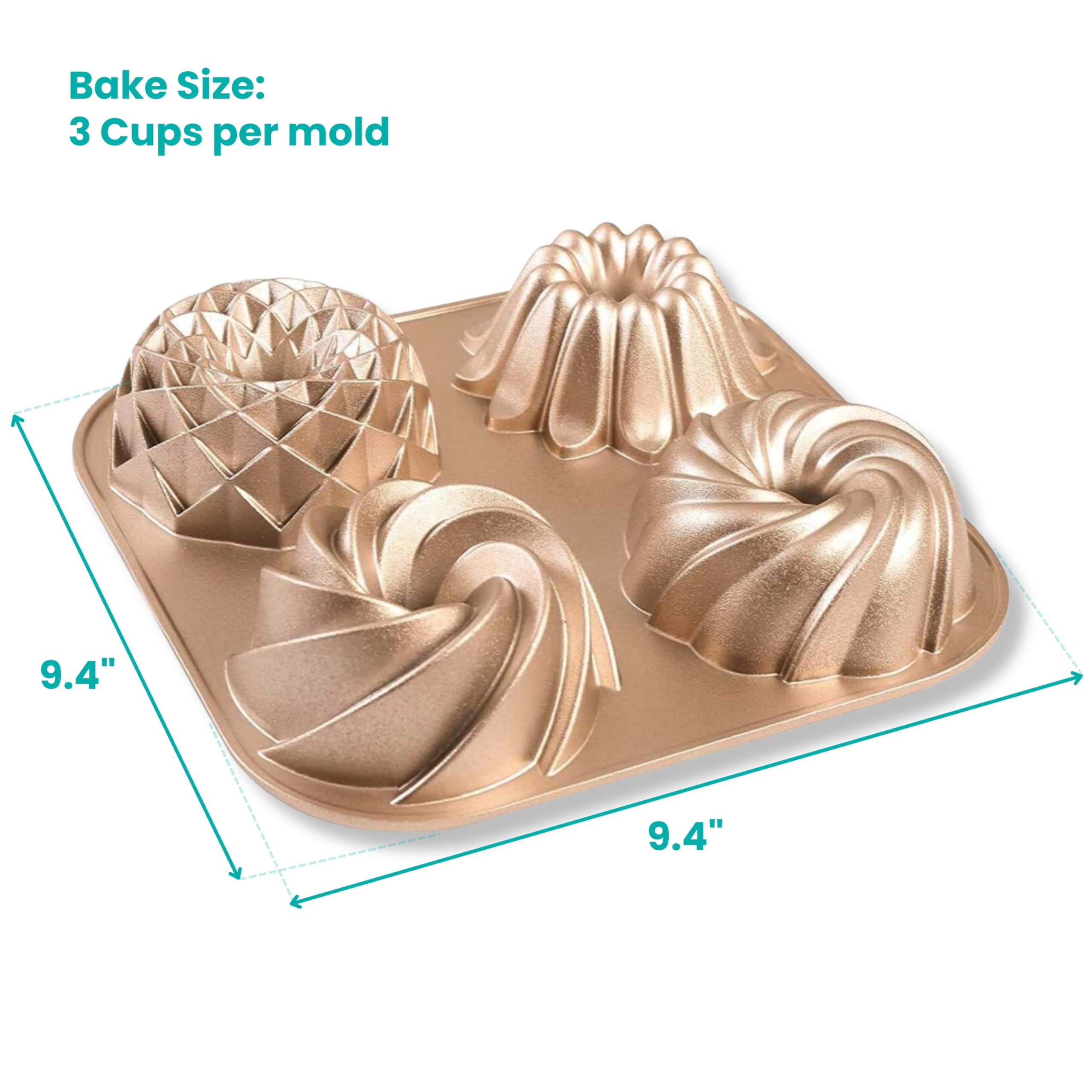 Baker's Secret Nonstick Fluted Cake Pan, Heavy Duty Die Cast Aluminum Fluted Cake Baking Pans, 2 Layers Non-stick Coating For Easy Release - The Cast Aluminum Collection (4mini Loves)