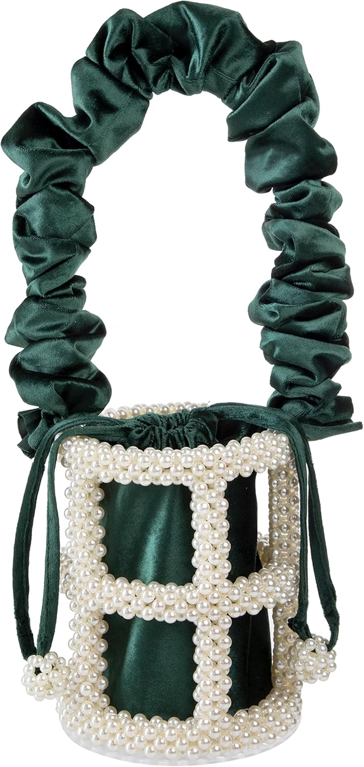 YUSHINY Women Faux Pearl Beaded Evening Pleuche Handle Bucket Hollow-Block Bags with Velvet Lining for Wedding Party
