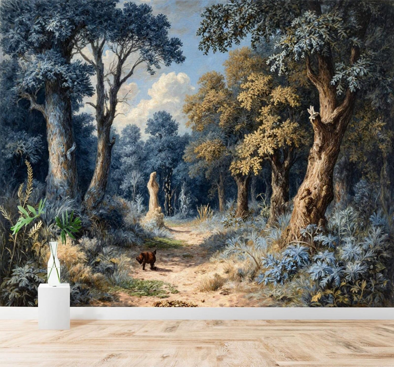 XLMING Forest Path Dog Sunlight Natural Landscape 3D Wallpaper Silky Texture Home Study Office Grey Dining Room Sofa Bedroom Living Room TV Backdrop-250cm×170cm