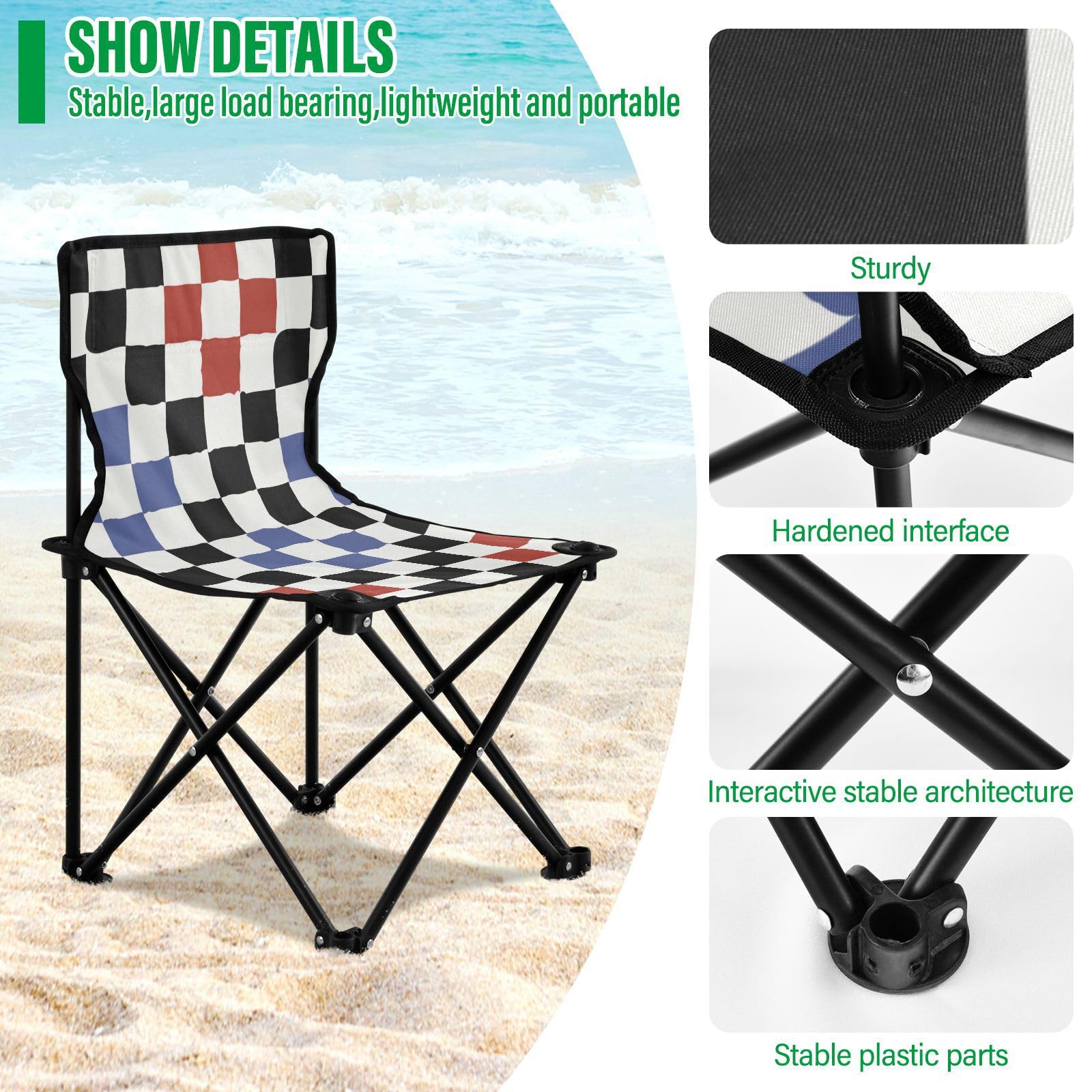 Racing Grid Buffalo Plaid Check Kompaktowe ultralekkie krzesło obozowe ultralekkie składane krzesło zawiera torbę do przenoszenia, krzesła turystyczne, plecak z plecakiem, ultralekki, do podróży
