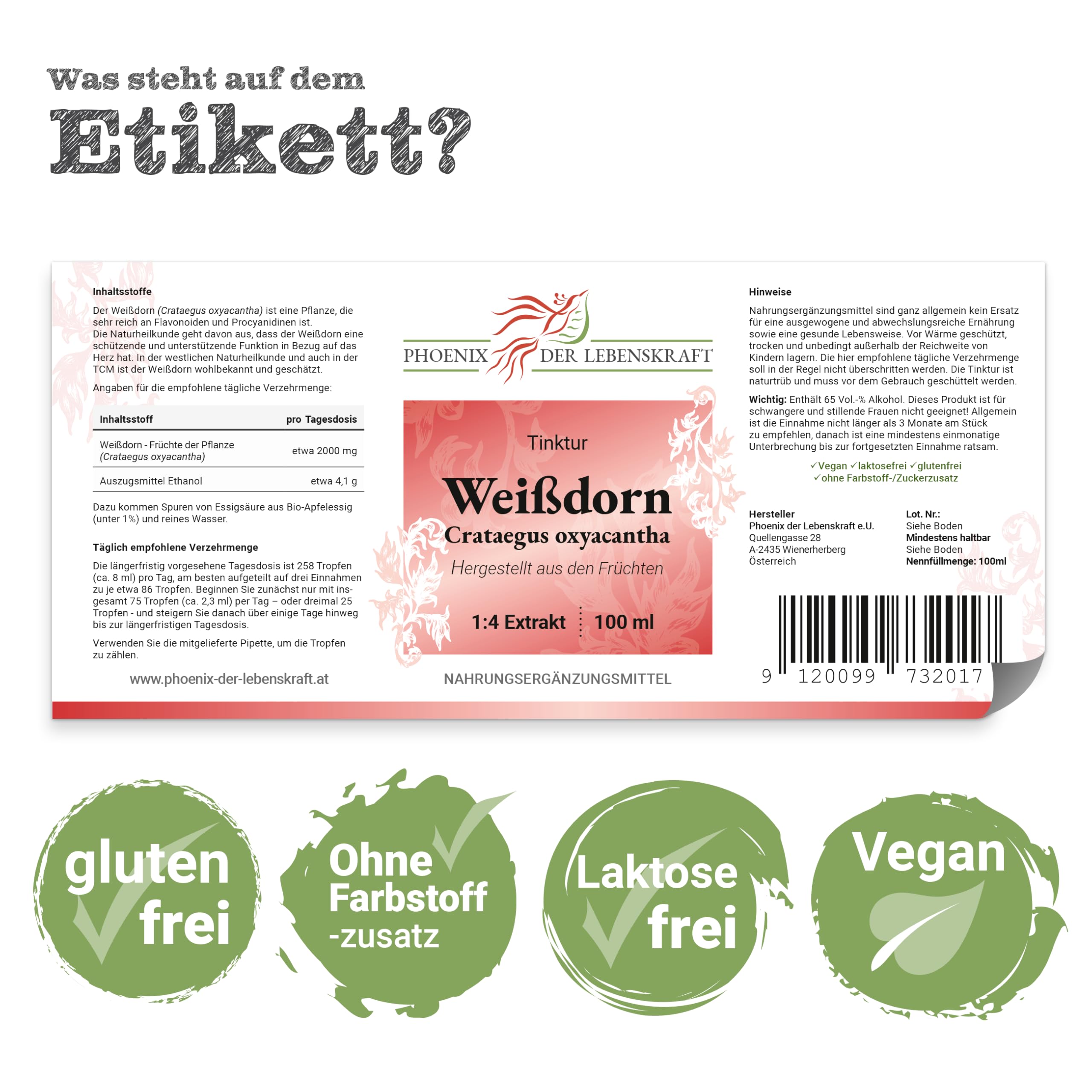 Weißdorn Tinktur - 100 ml, Crataegus oxyacantha Tropfen, 1:4 Extrakt, Top Premium Qualität, Hergestellt in Österreich, Vegan