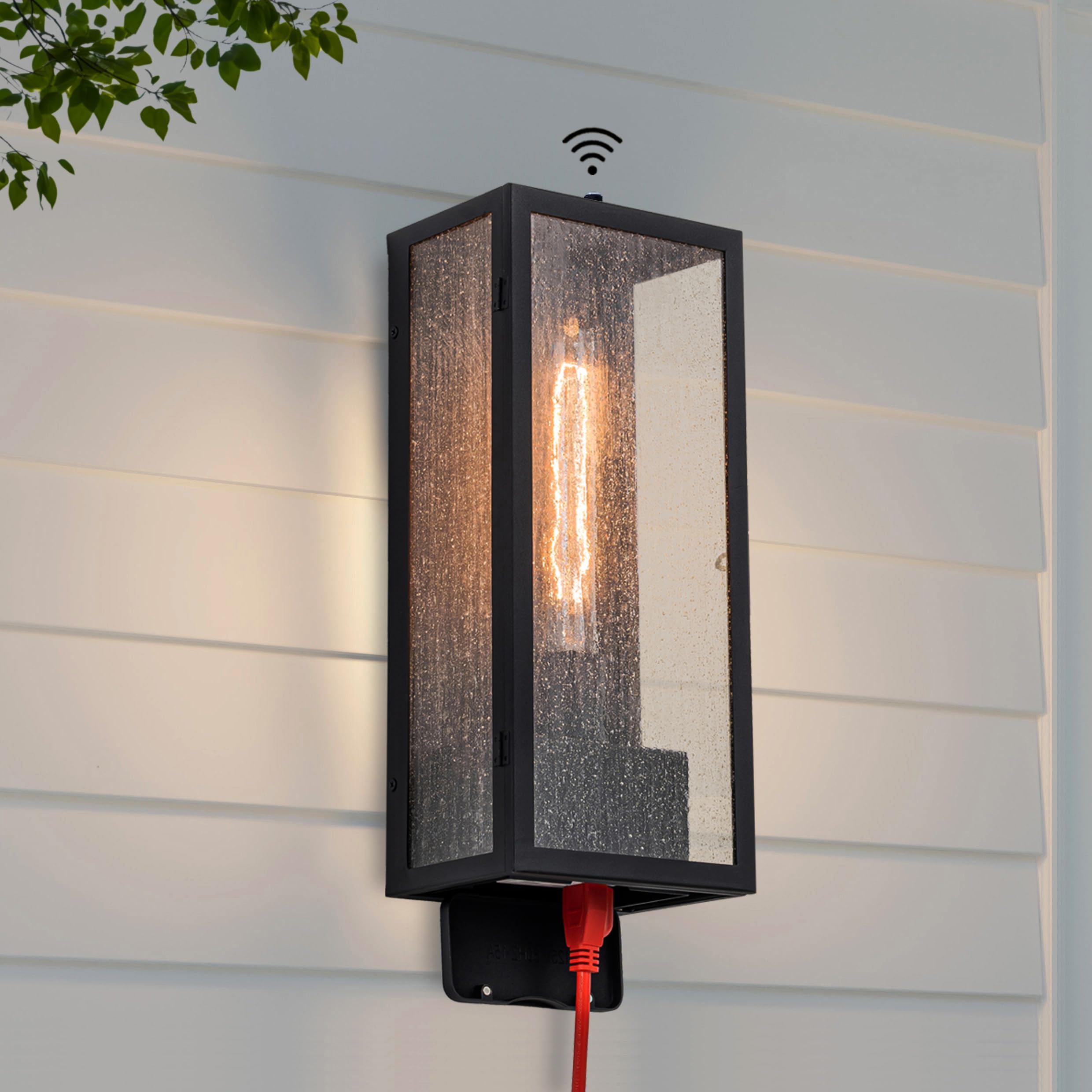 Porch Light with Outlet, Dusk to Dawn Outdoor Lighting with Outlet Built in, Matte Black Outdoor Light Fixture with Seeded Glass, Waterproof Anti-Rust