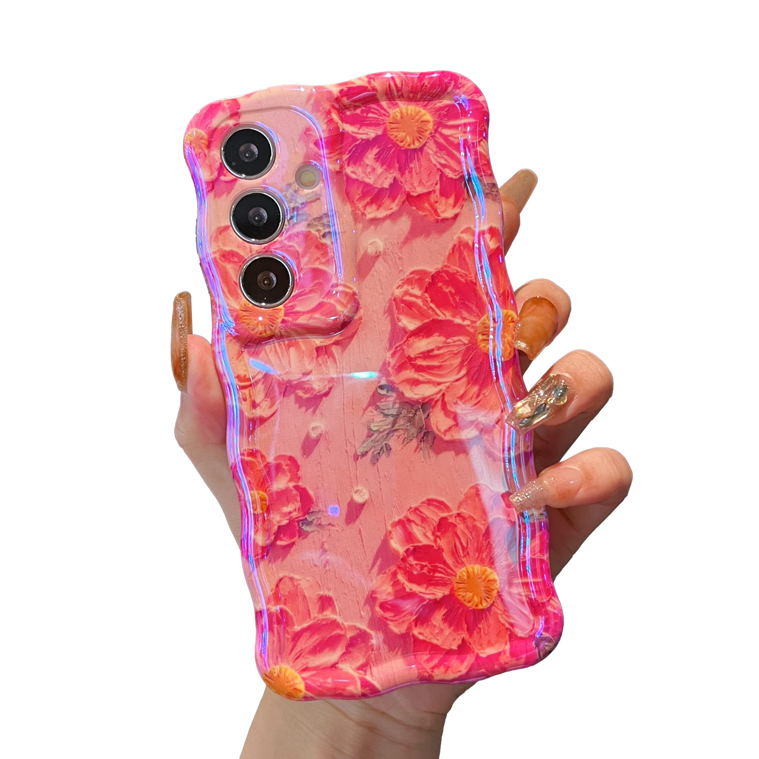 XIZYO Case for Samsung Galaxy S24, Colorful Retro Oil Painting Flower Cute Floral Aesthetic Curly Wave Frame Laser Glossy Reflective Exquisite Stylish