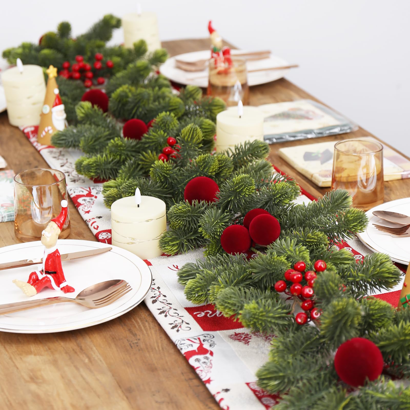 Photo 1 of SY Super Bang 6FT Christmas Garland, Artificial Green Garland Christmas Decorations with Velvet Ball Red Berry Exquisite Ornaments, for Indoor Outdoor Home Table Fireplace Xmas Party Holiday Decor.