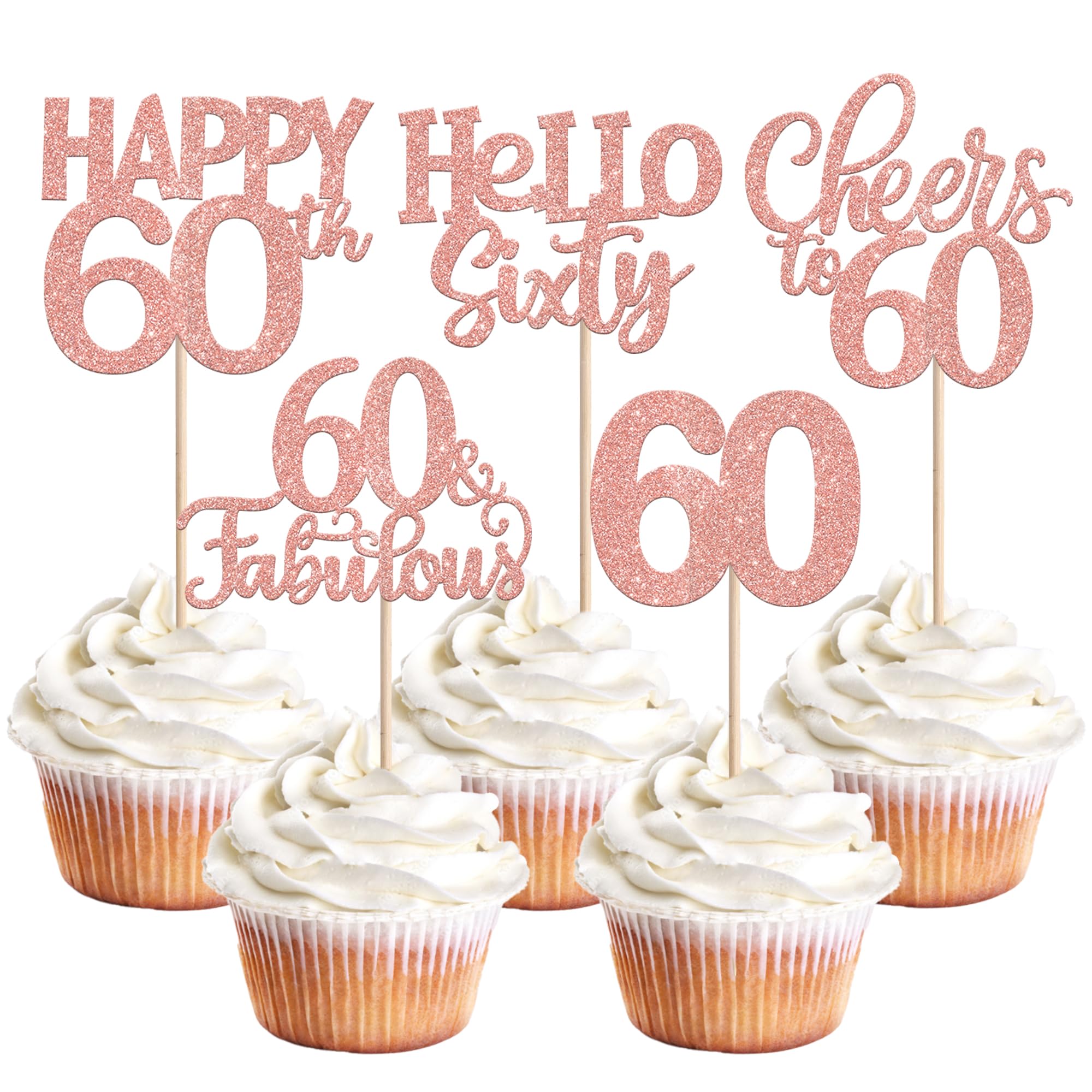 30 Stück 60th Geburtstag Tortendeko Glitzer Happy 60 Cheers to Fabulous 60 Cupcake Toppers Hello Sixty Kuchen Deko für 60th Geburtstag Jahrestag Party Kuchen Dekoration Rosegold