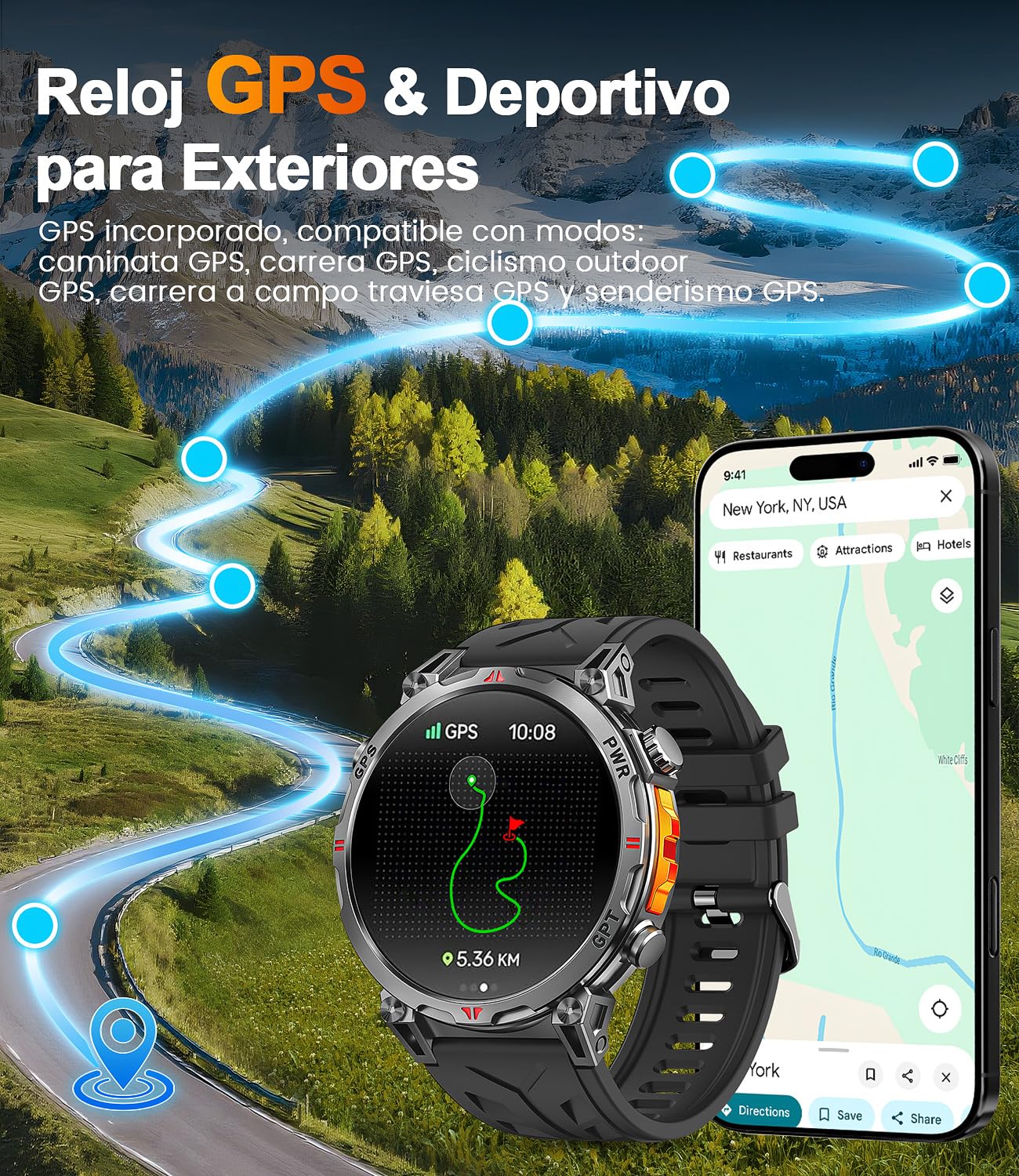 Reloj Inteligente Hombre, GPS Integrado Militar Smartwatch AMOLED 1,56 Pulgadas con Llamadas Bluetooth, Brújula/Altitud, 100+ Modos Deporte, Cardíaco, Sueño iOS/Android