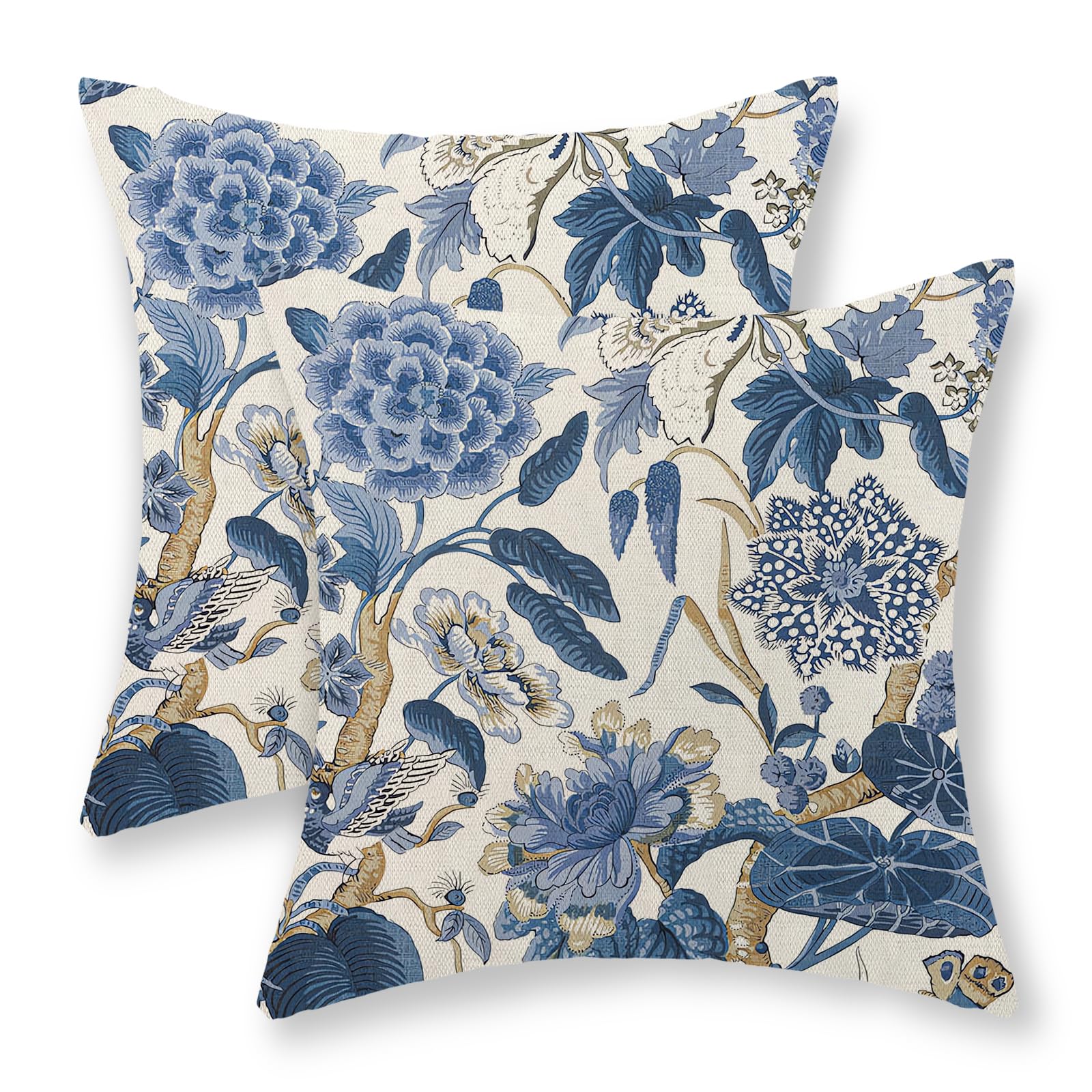 GOLIANDA Blue Pillow Covers 16x16 Inch Set of 2 Vintage Blue Floral Throw Pillows Chinoiserie Flower Decorative Pillow Cases Outdoor Linen Farmhouse Cushion Cover for Couch Home Sofa Bed Decorations