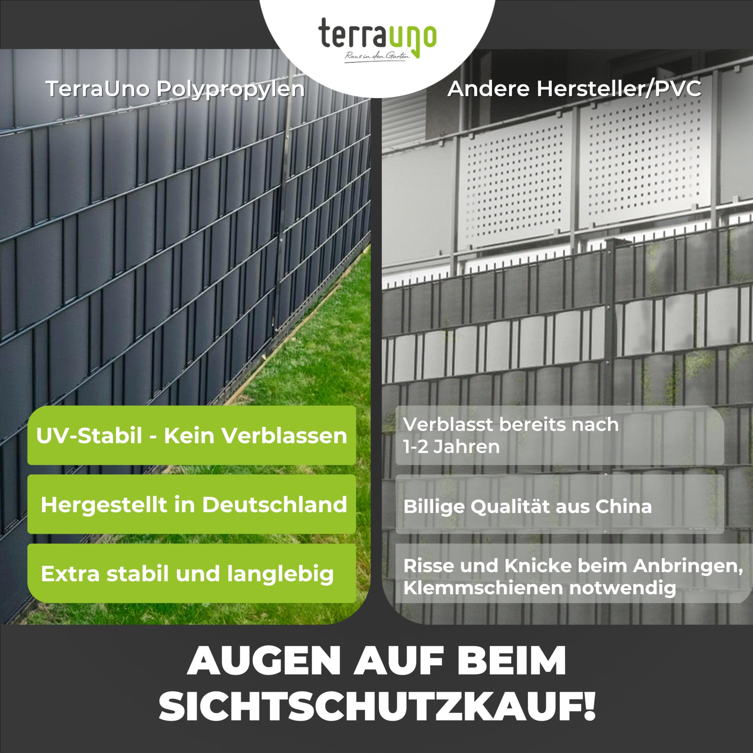 TerraUno Sichtschutzstreifen für Doppelstabmatten, Polypropylen, RAL 7016 Anthrazit, 26m x 19cm Rolle, UV-Beständigkeit