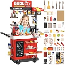 deAO Fast food – Gioco con suono incluso, set da cucina multifunzionale, 88 pezzi, accessori per verdure, utensili da cucina, registratore di cassa, macchina da caffè e altro, giocattolo per bambini
