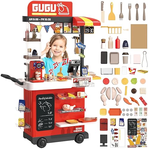 deAO Fast food - Gioco con suono incluso, set da cucina multifunzionale, 88 pezzi, accessori per verdure, utensili da cucina, registratore di cassa, macchina da caffè e altro, giocattolo per bambini