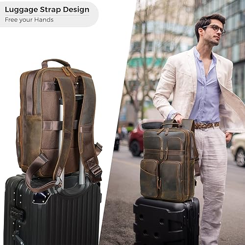 Miniatura 6 de Mochila de cuero de grano completo para hombres, mochila de viaje para laptop de 17.3 pulgadas, mochila con múltiples bolsillos con cremalleras YKK,